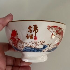 Chinese Footed Rice Bowl Koi Carp Fish Design 4.5x2.5 Blue Orange New